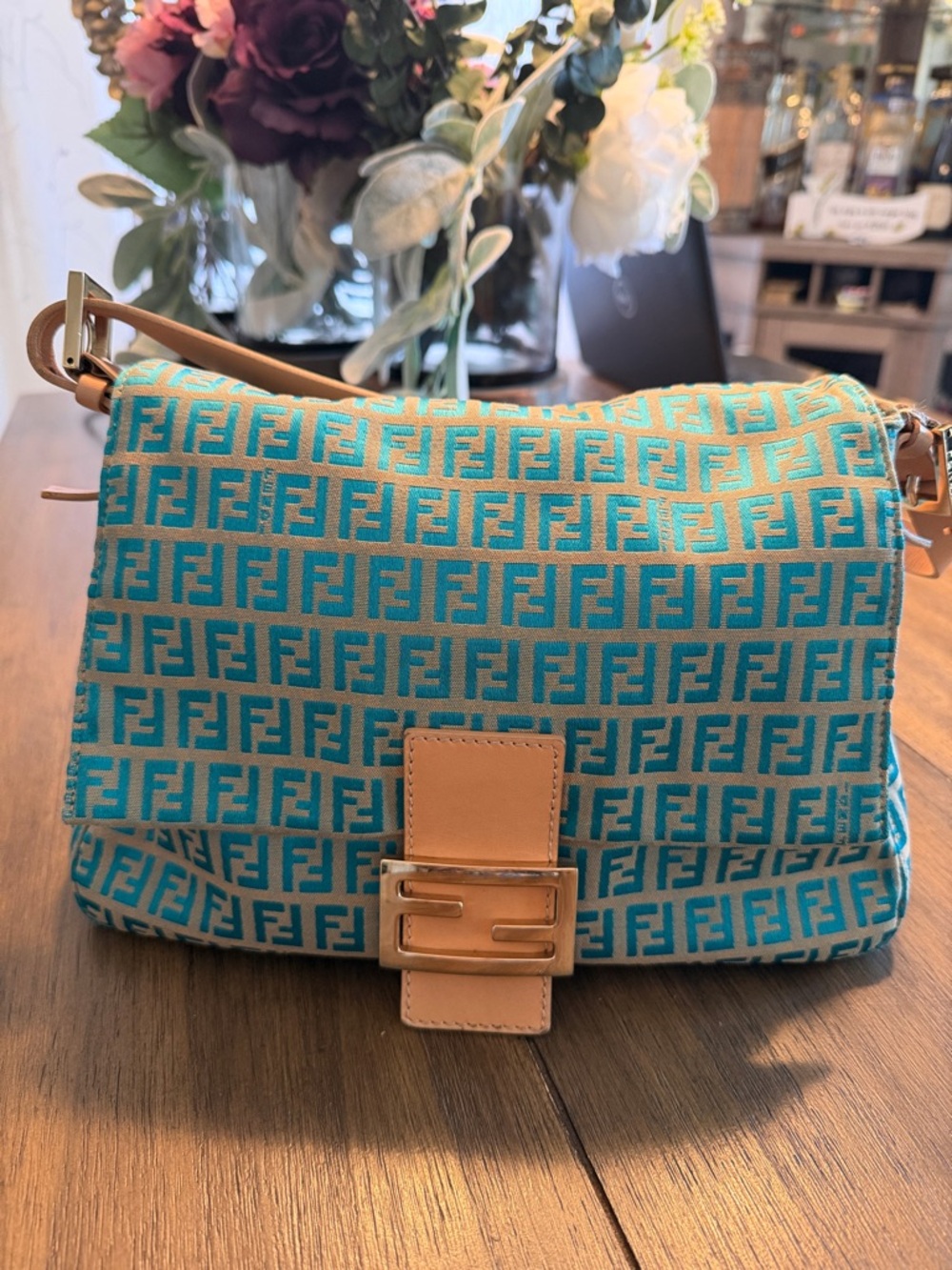 Fendi Turquoise FF Jacquard Shoulder Bag with Tan Leather Trim